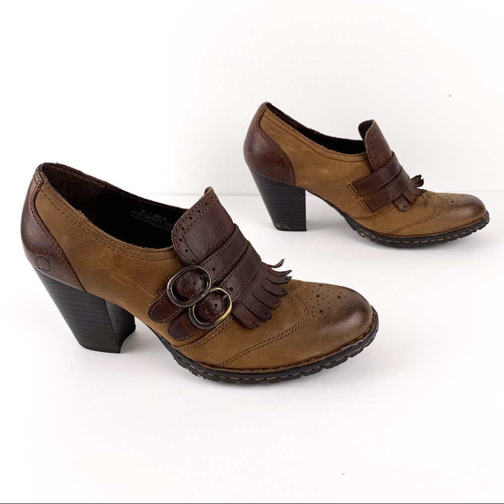Born oxfords two-tone brown/tan heeled Hazel kiltie fringed lace up shoes size 6